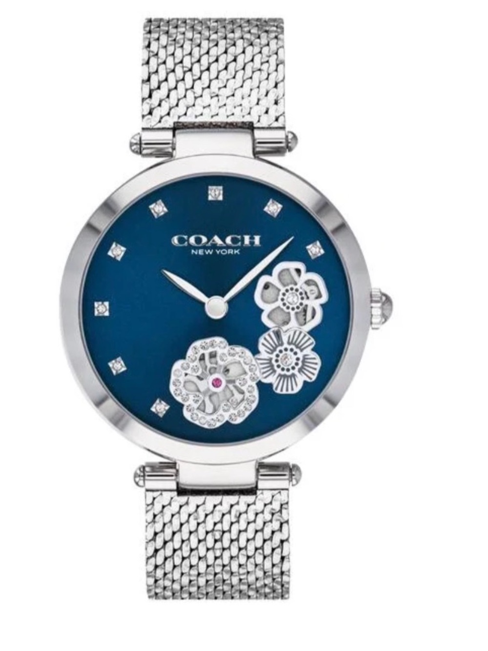 Coach Silver Mesh Bracelet Watch with Blue Dial and Floral Accents